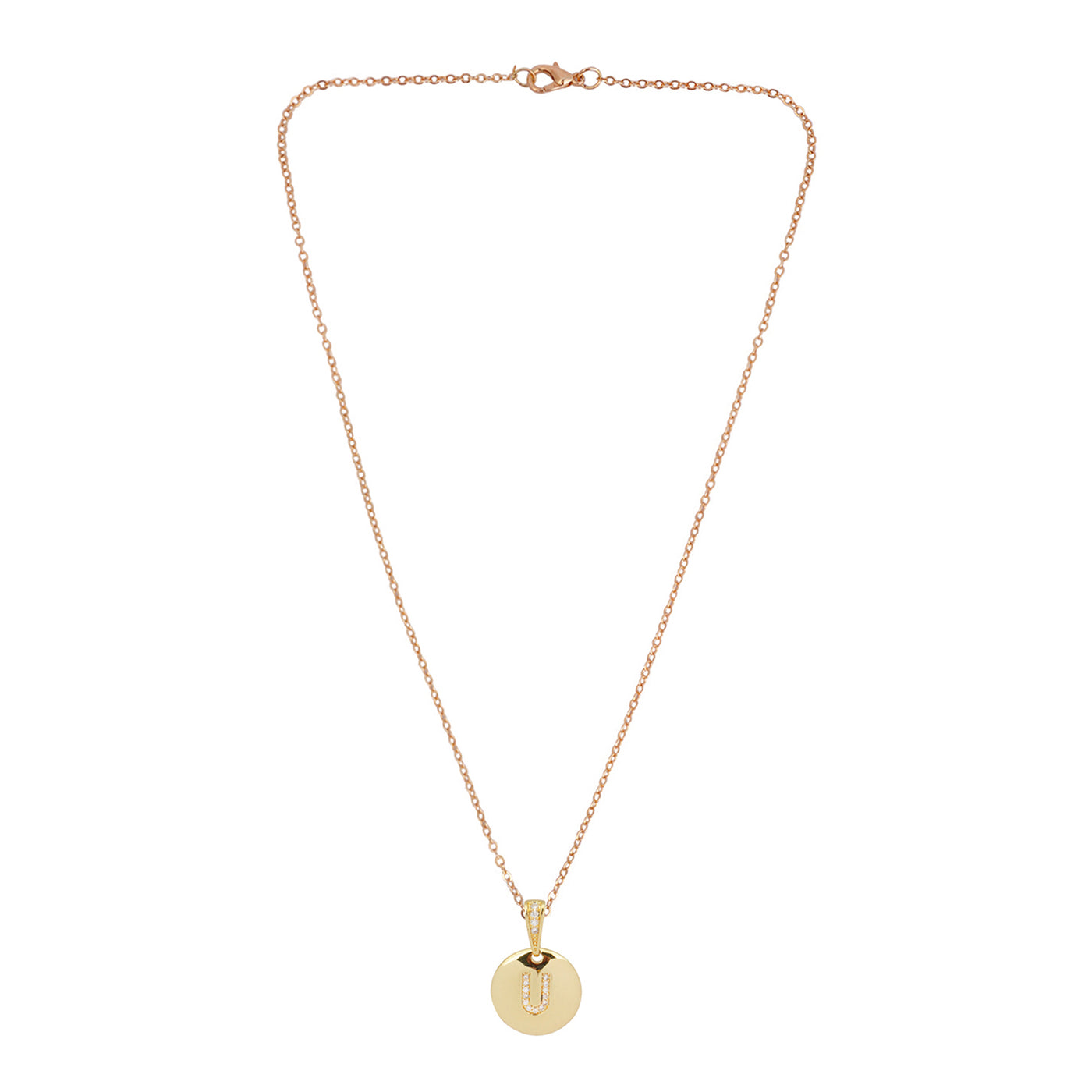 Crystal Studded Alphabet U Gold Coin Necklace