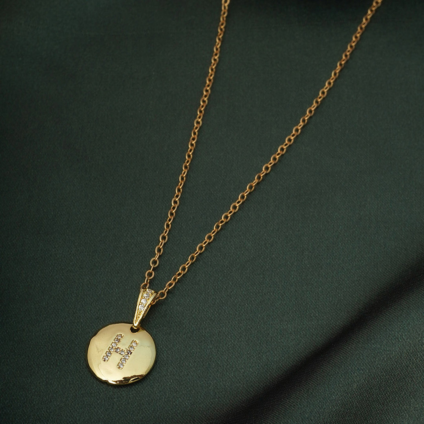 Crystal Studded Alphabet H Gold Coin Necklace