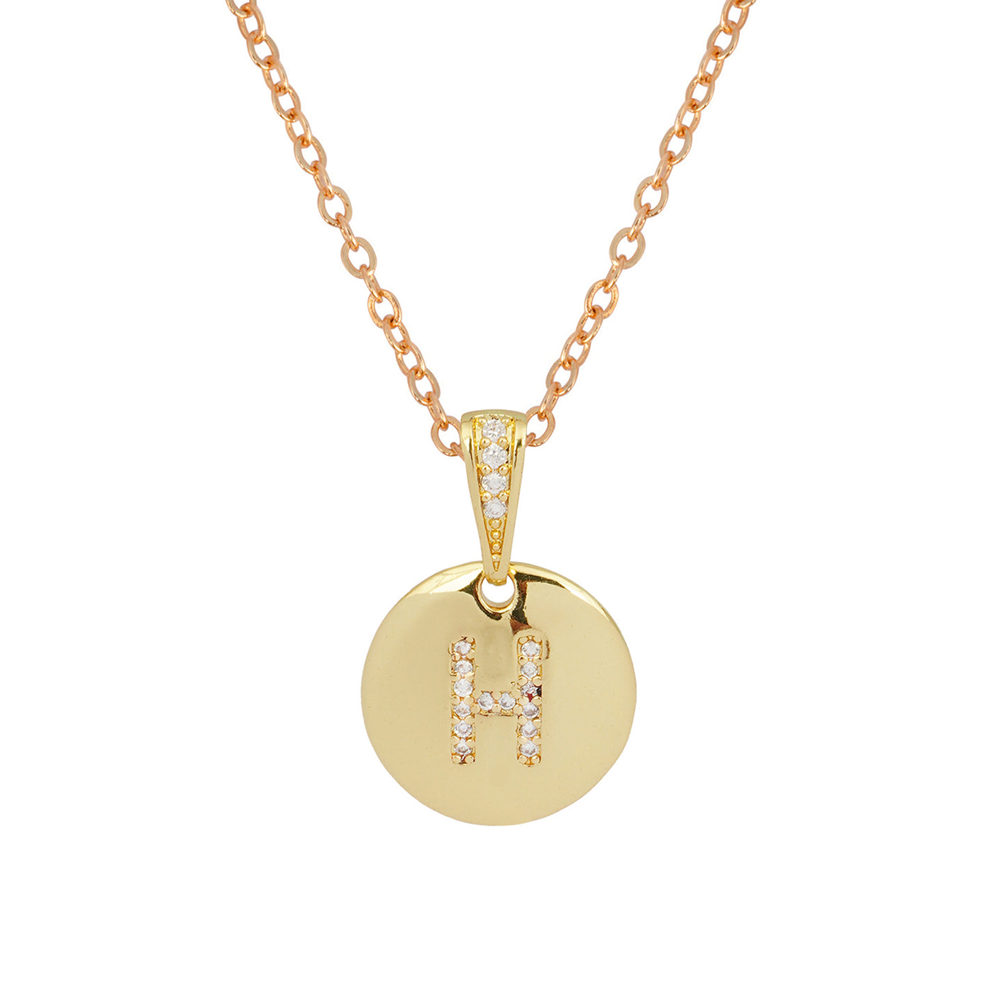 Crystal Studded Alphabet H Gold Coin Necklace