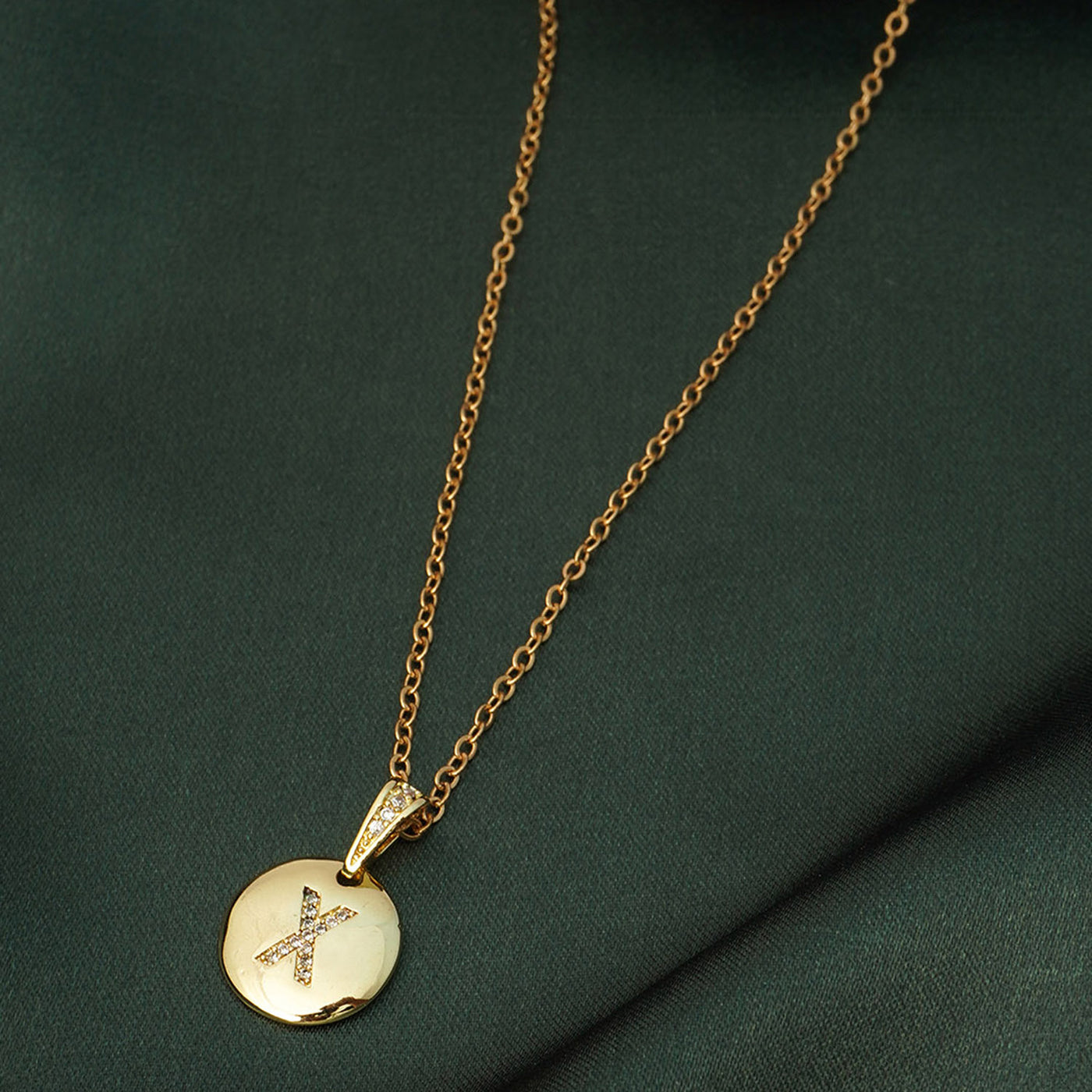 Crystal Studded Alphabet X Gold Coin Necklace