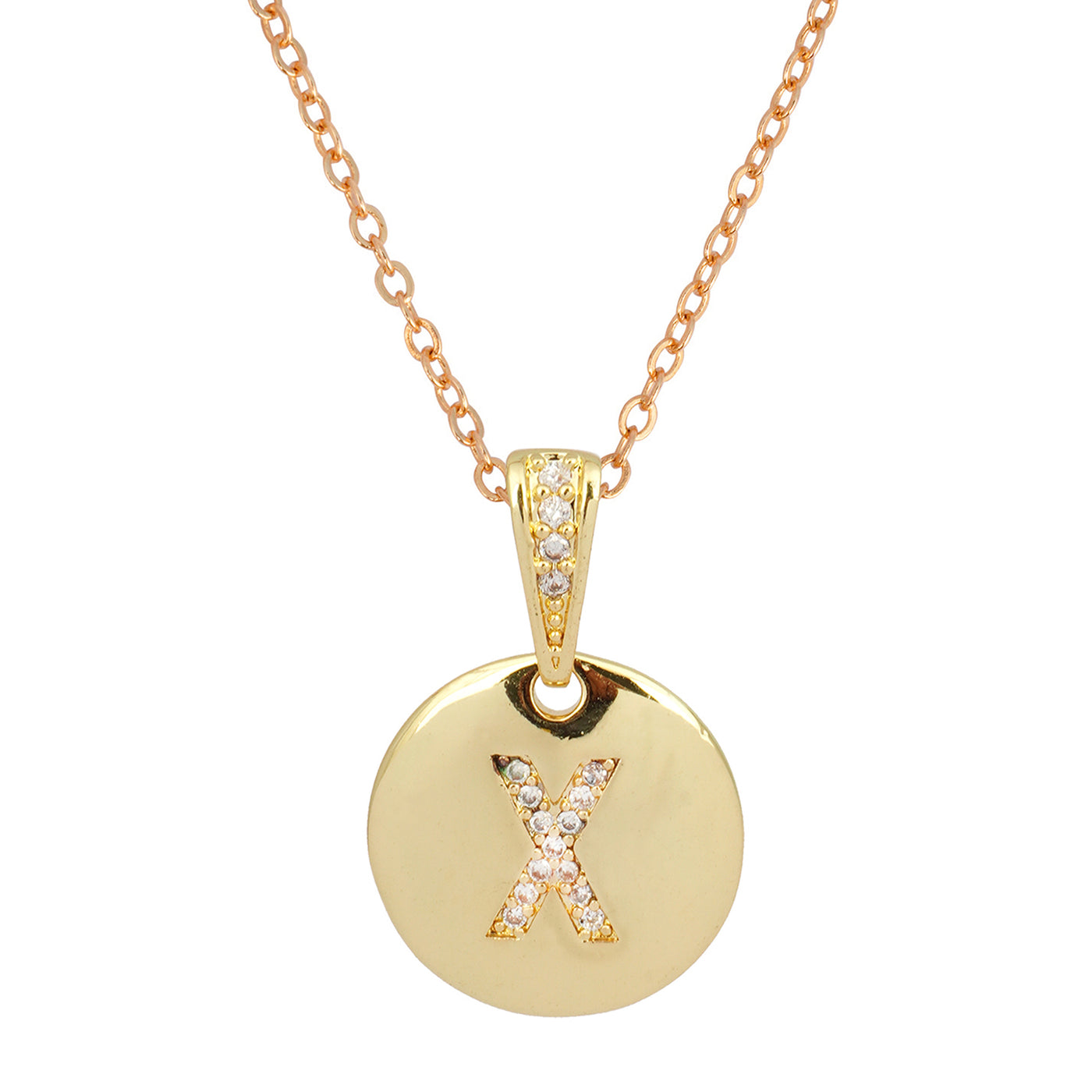 Crystal Studded Alphabet X Gold Coin Necklace