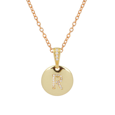 Crystal Studded Alphabet R Gold Coin Necklace