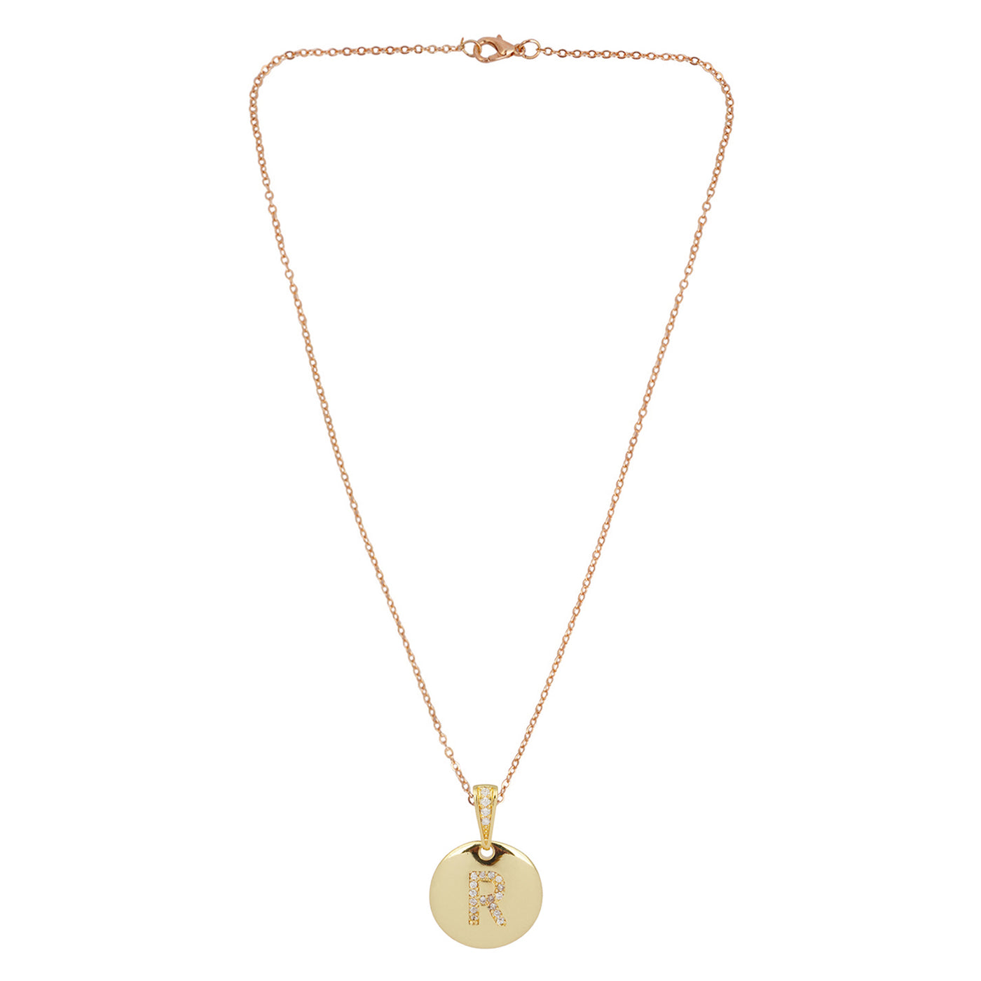 Crystal Studded Alphabet R Gold Coin Necklace