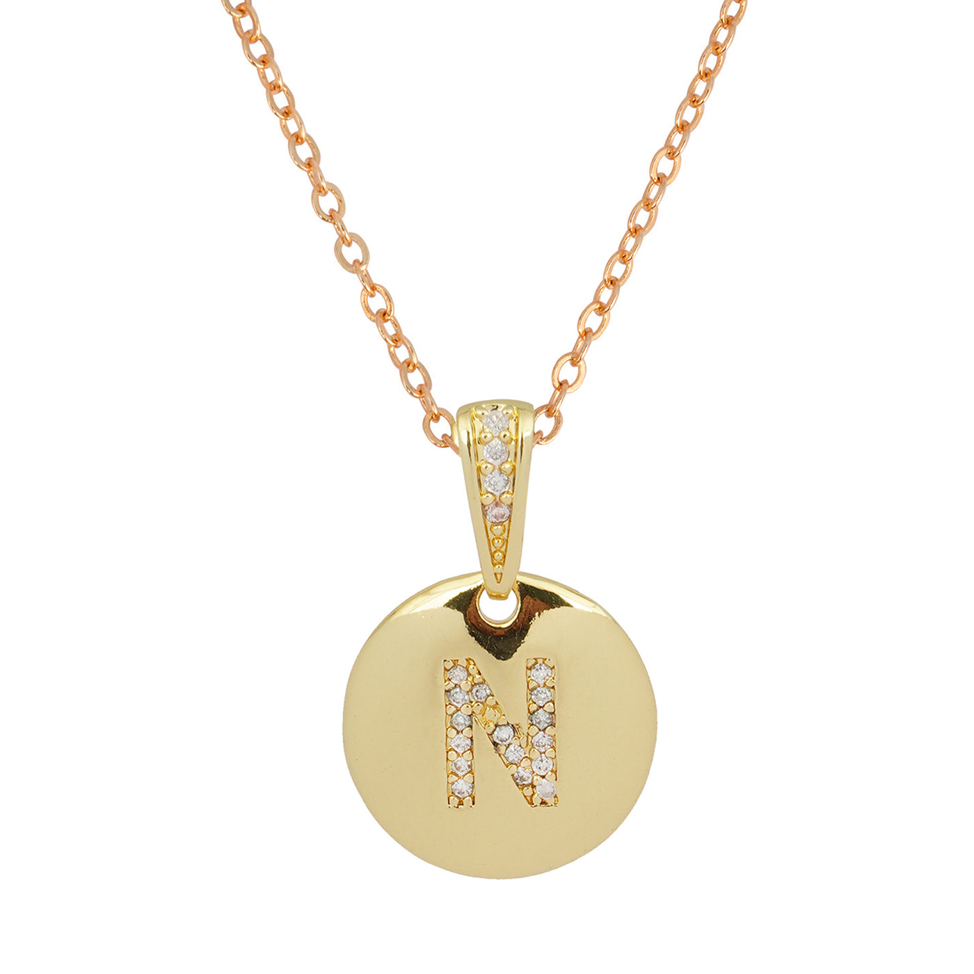 Crystal Studded Alphabet N Gold Coin Necklace