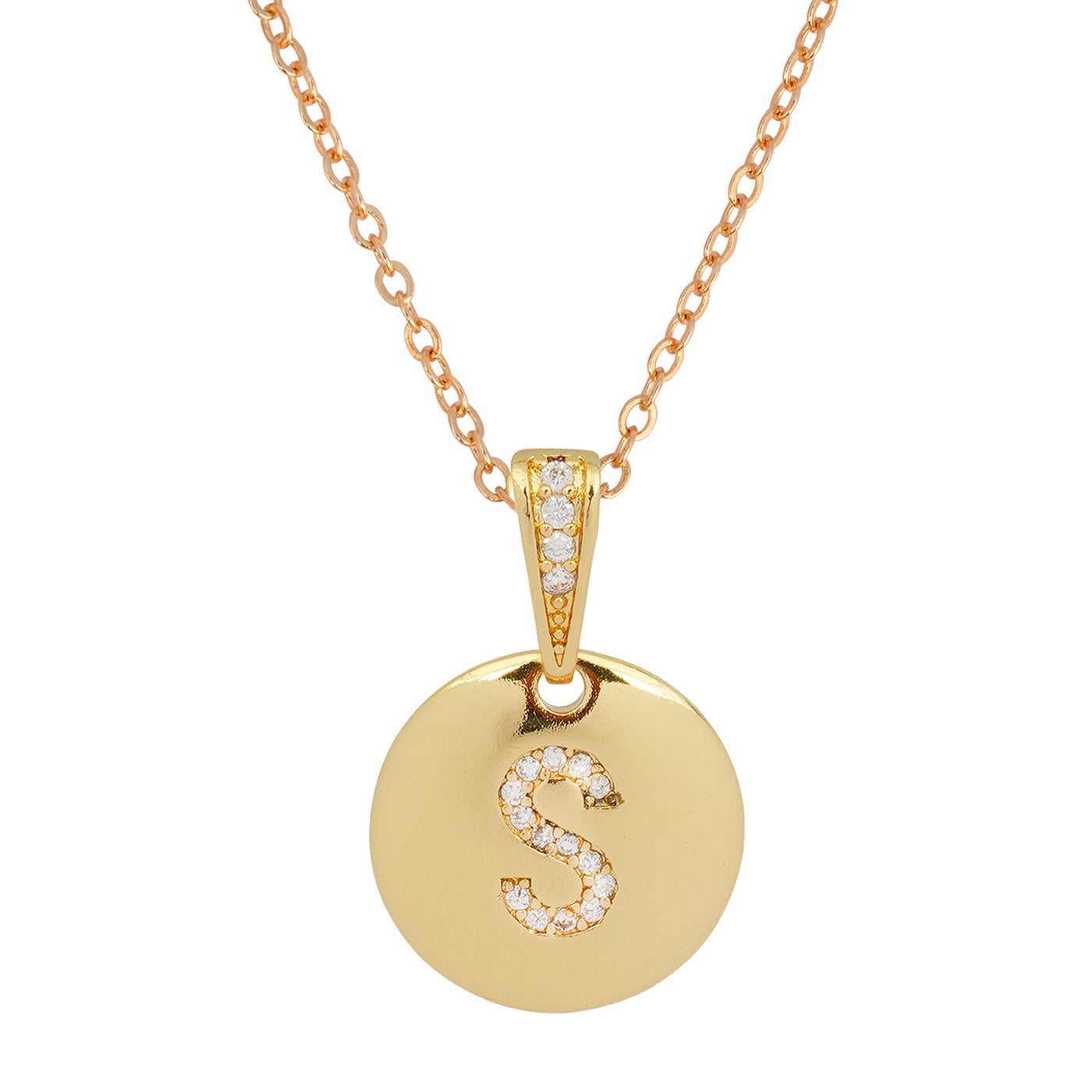 Crystal Studded Alphabet S Gold Coin Necklace