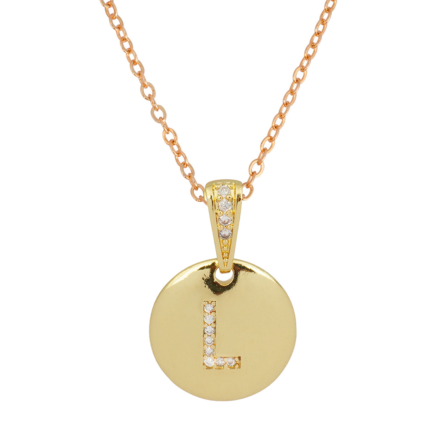 Crystal Studded Alphabet L Gold Coin Necklace