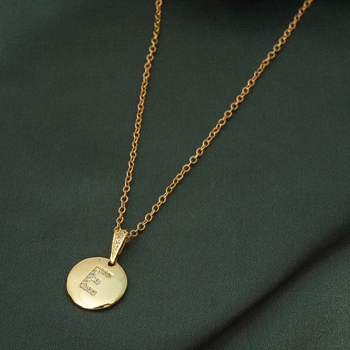 Crystal Studded Alphabet E Gold Coin Necklace
