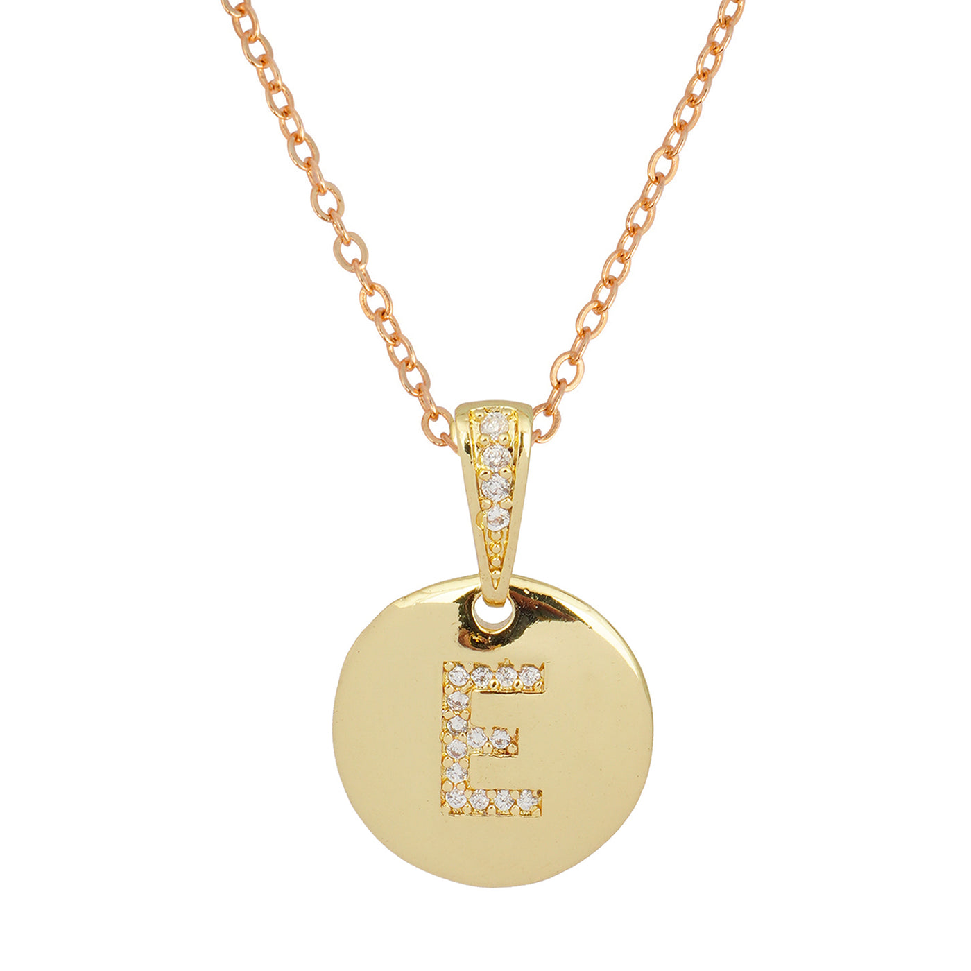 Crystal Studded Alphabet E Gold Coin Necklace