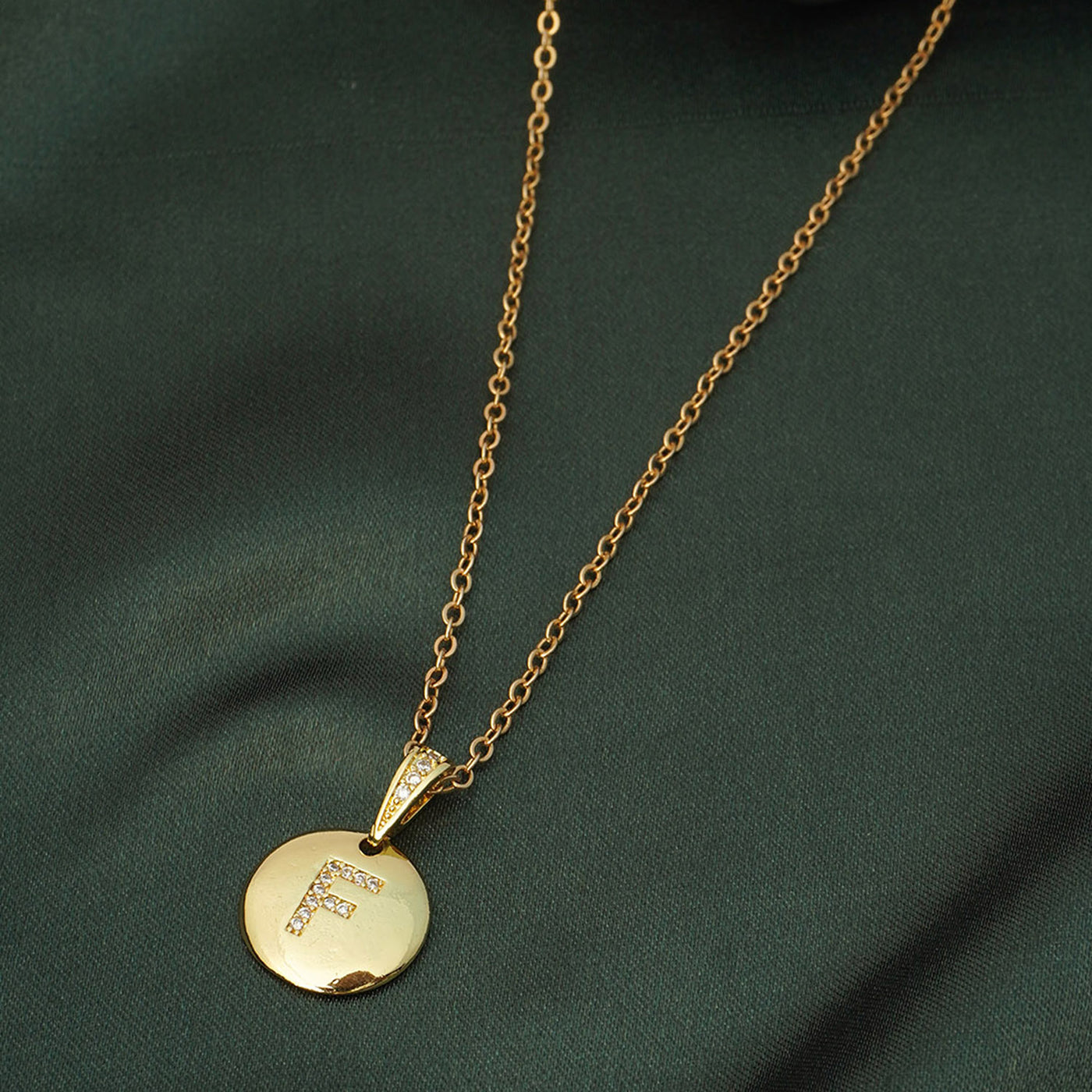 Crystal Studded Alphabet F Gold Coin Necklace