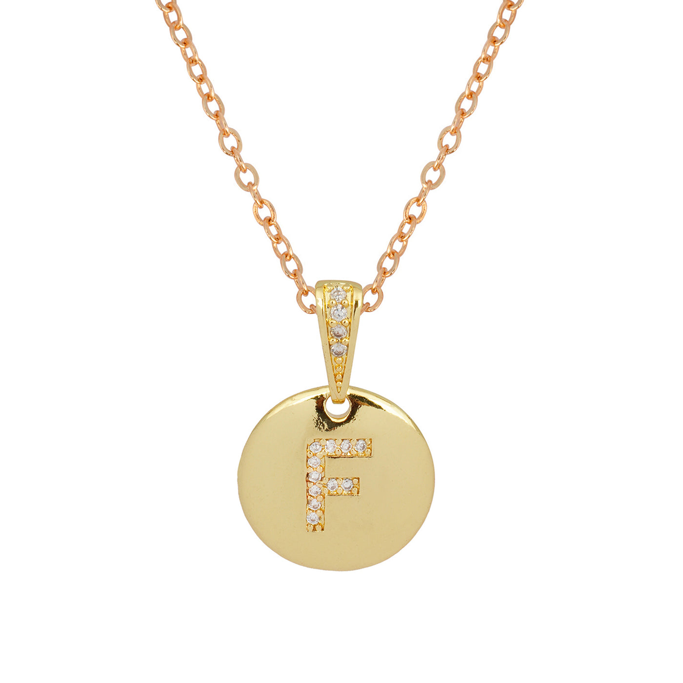 Crystal Studded Alphabet F Gold Coin Necklace