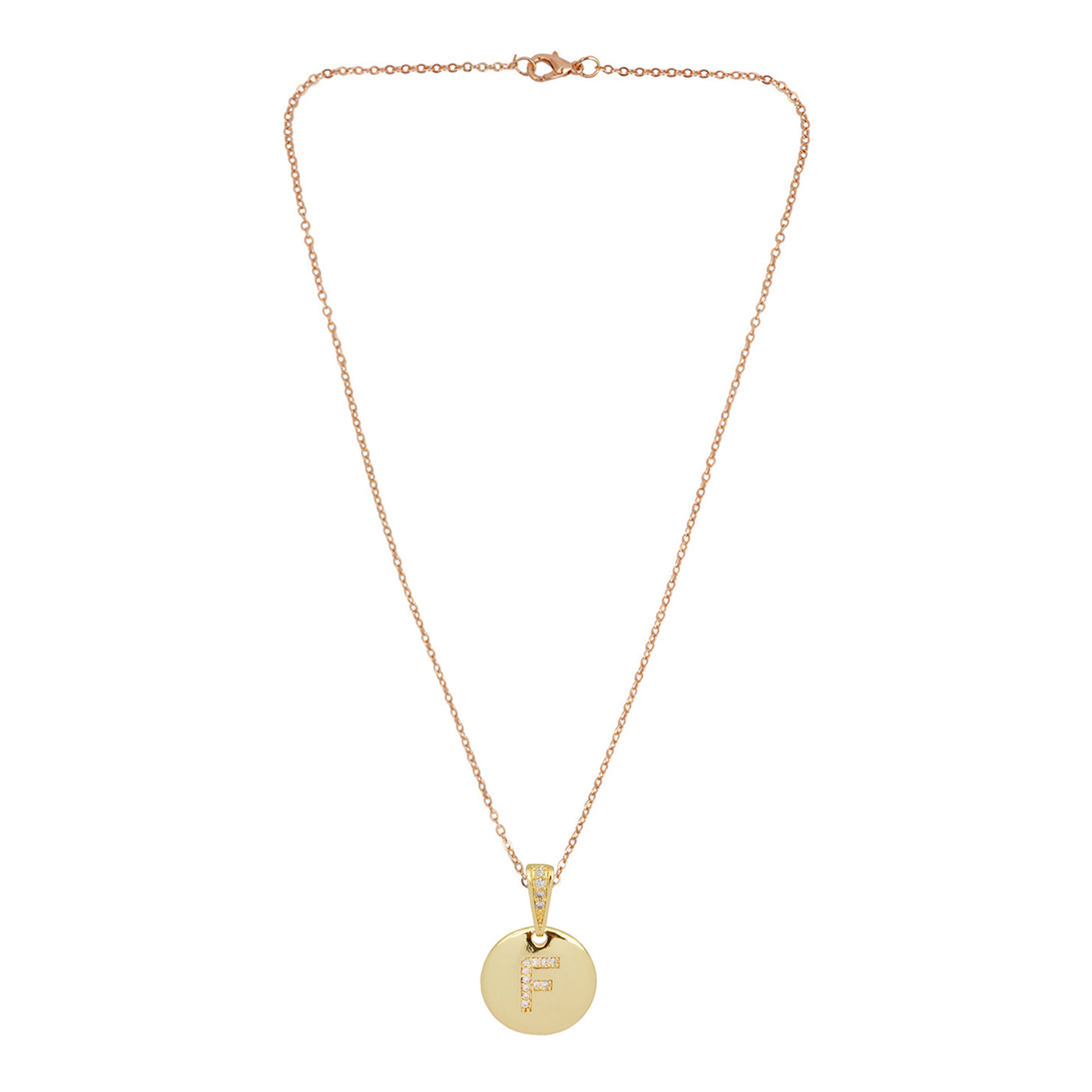 Crystal Studded Alphabet F Gold Coin Necklace