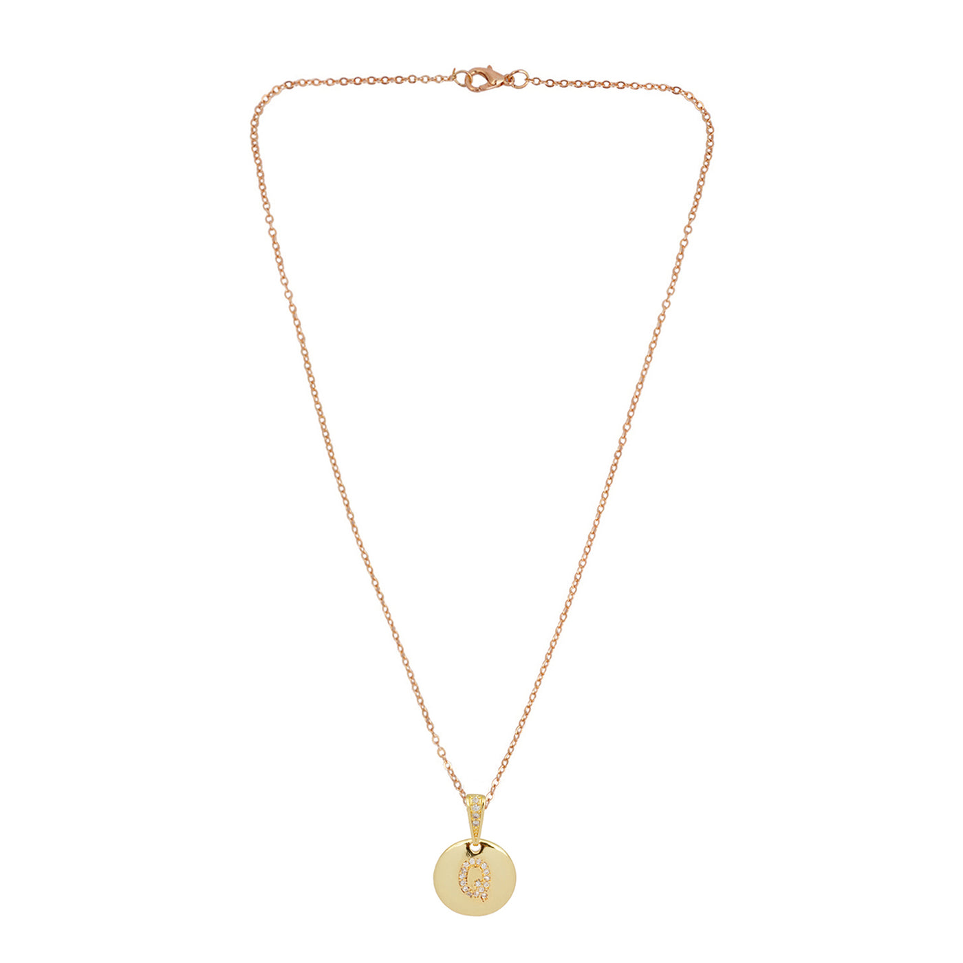 Crystal Studded Alphabet Q Gold Coin Necklace