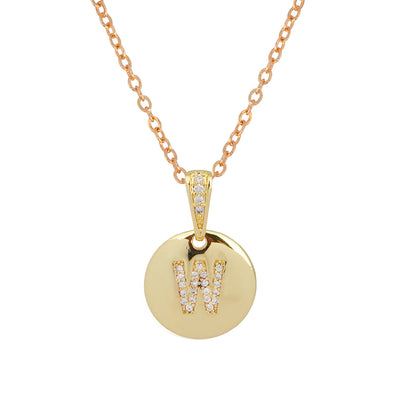 Crystal Studded Alphabet W Gold Coin Necklace
