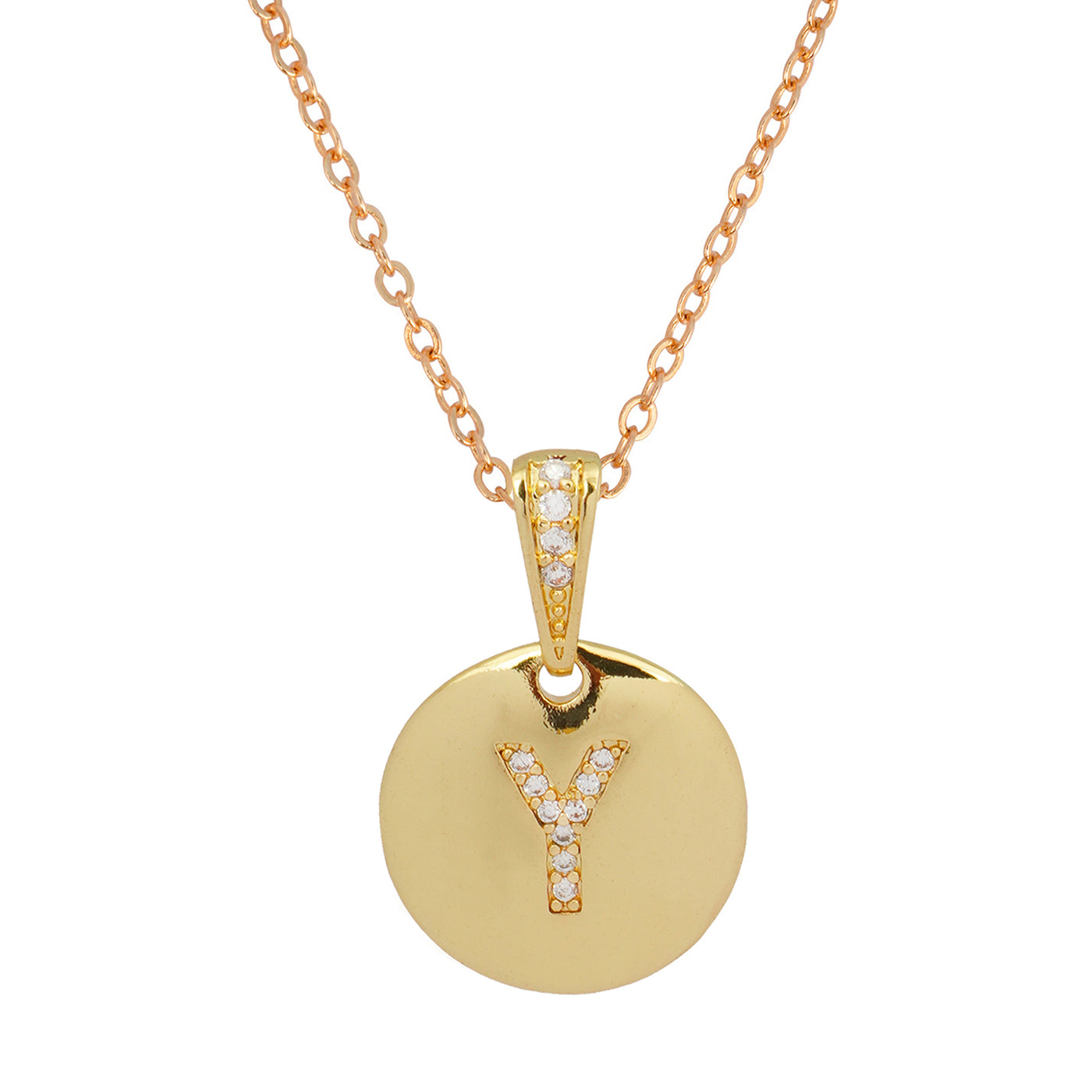 Crystal Studded Alphabet Y Gold Coin Necklace