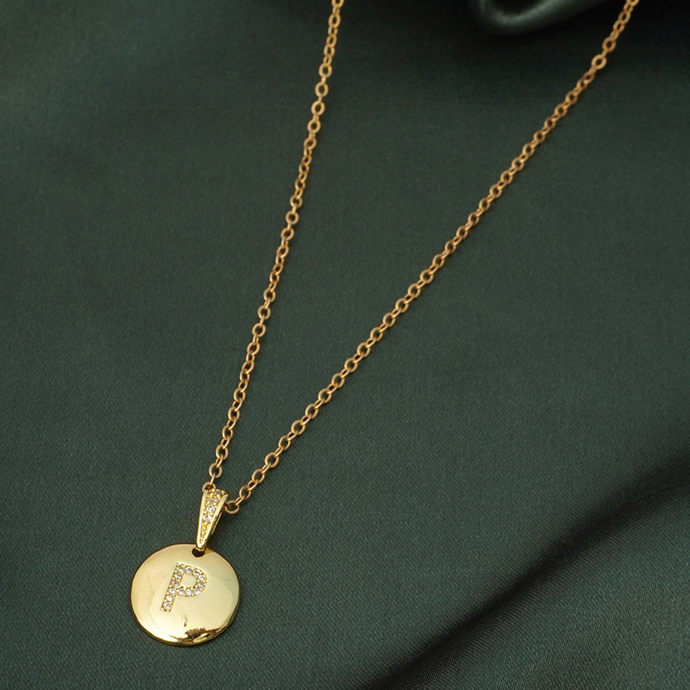 Crystal Studded Alphabet P Gold Coin Necklace
