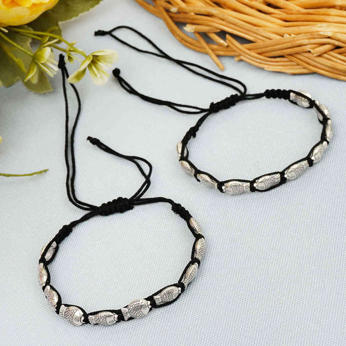 Silver Fish Black Thread Anklets