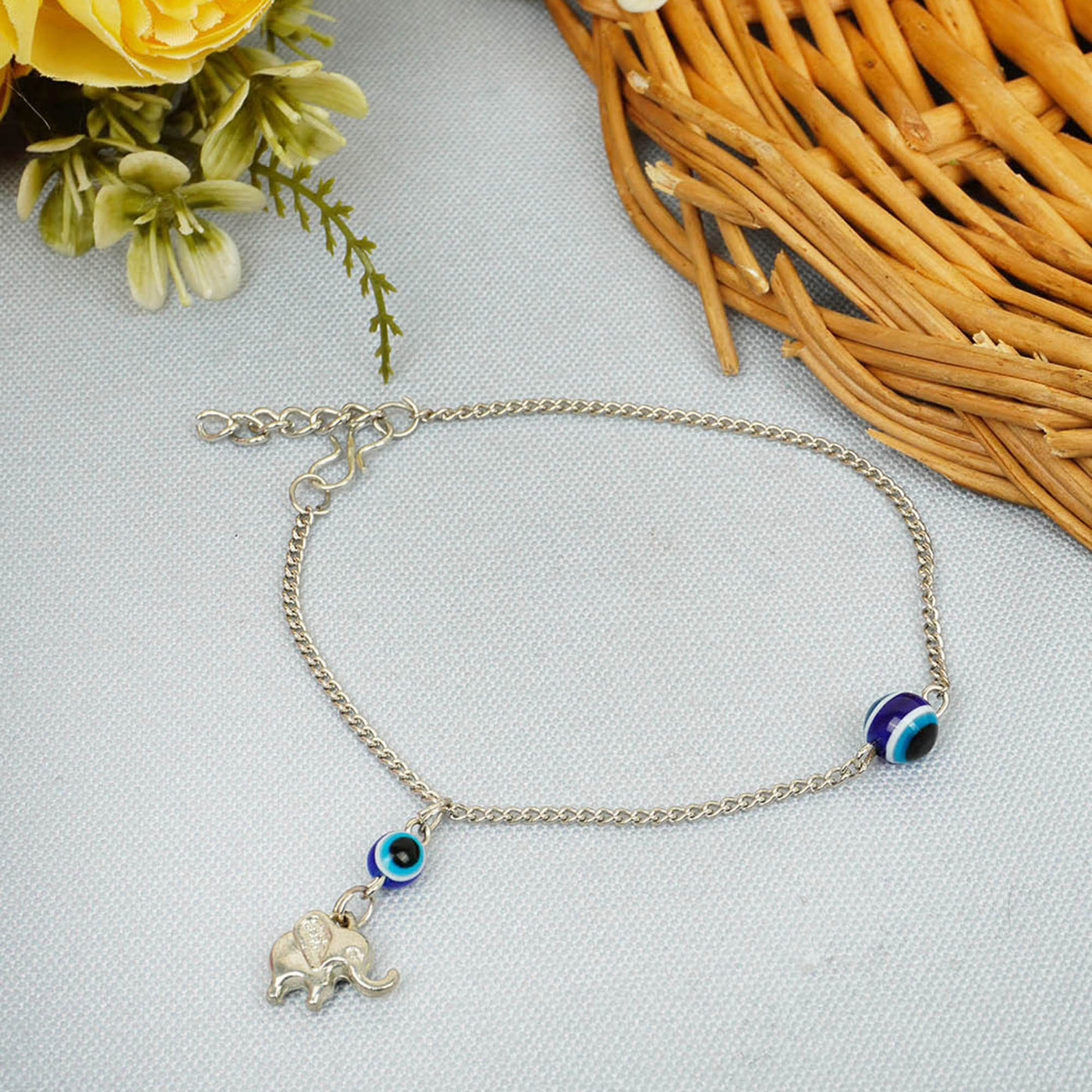 Elephant Charm Evil Eye Silver Single Anklet