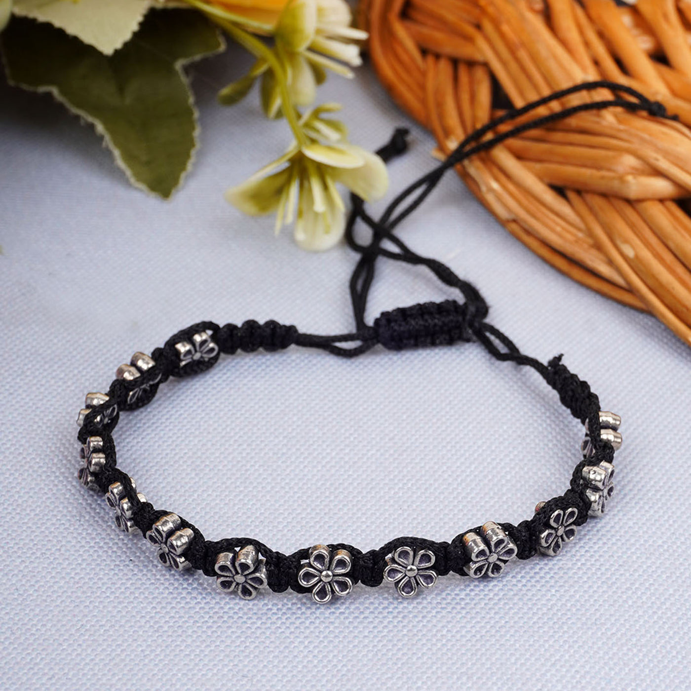 Silver Floral Black Thread Single Anklet