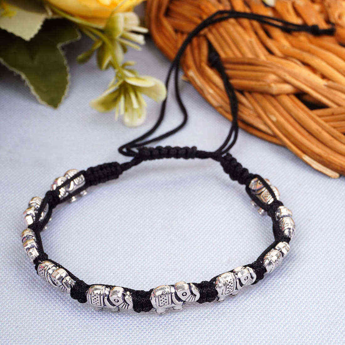 Silver Elephant Black Thread Single Anklet