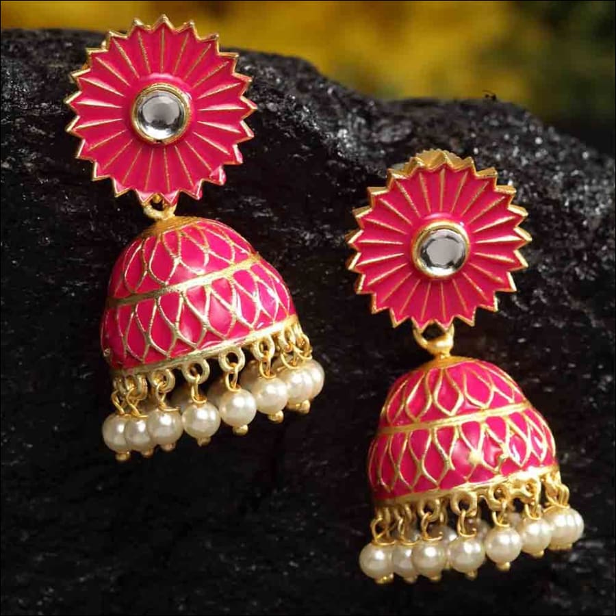Aabhirathi Floral Classic Pink Golden Jhumkis - Ferosh