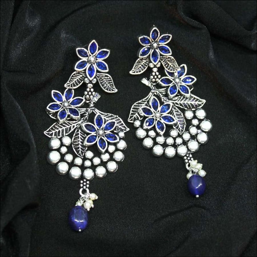 Adaa Floral Pearl Drop Blue-Silver Oxidized Earrings - Ferosh