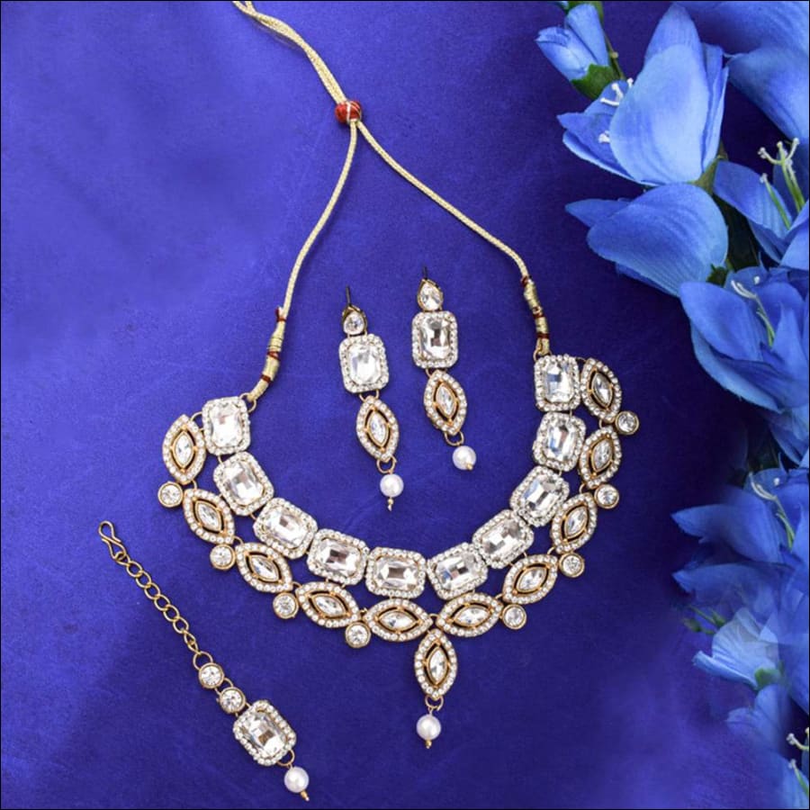 Adhiya Silver Golden Statement Choker-Earrings-Maang Tikka Set - Ferosh