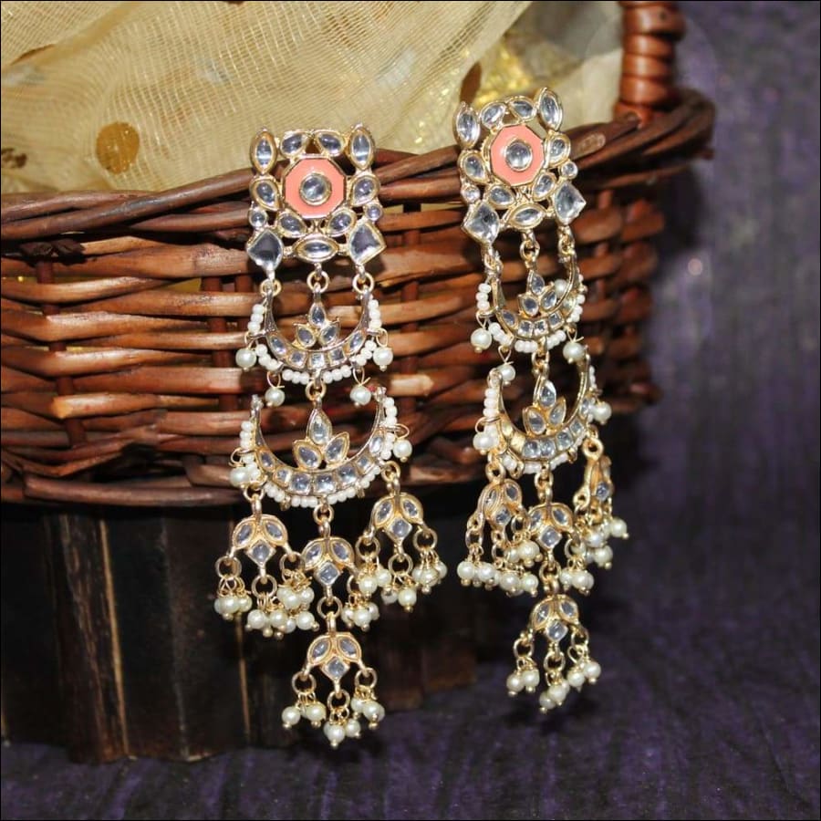 Aishmin Golden-Peach Layered Chandbali Earrings - Ferosh