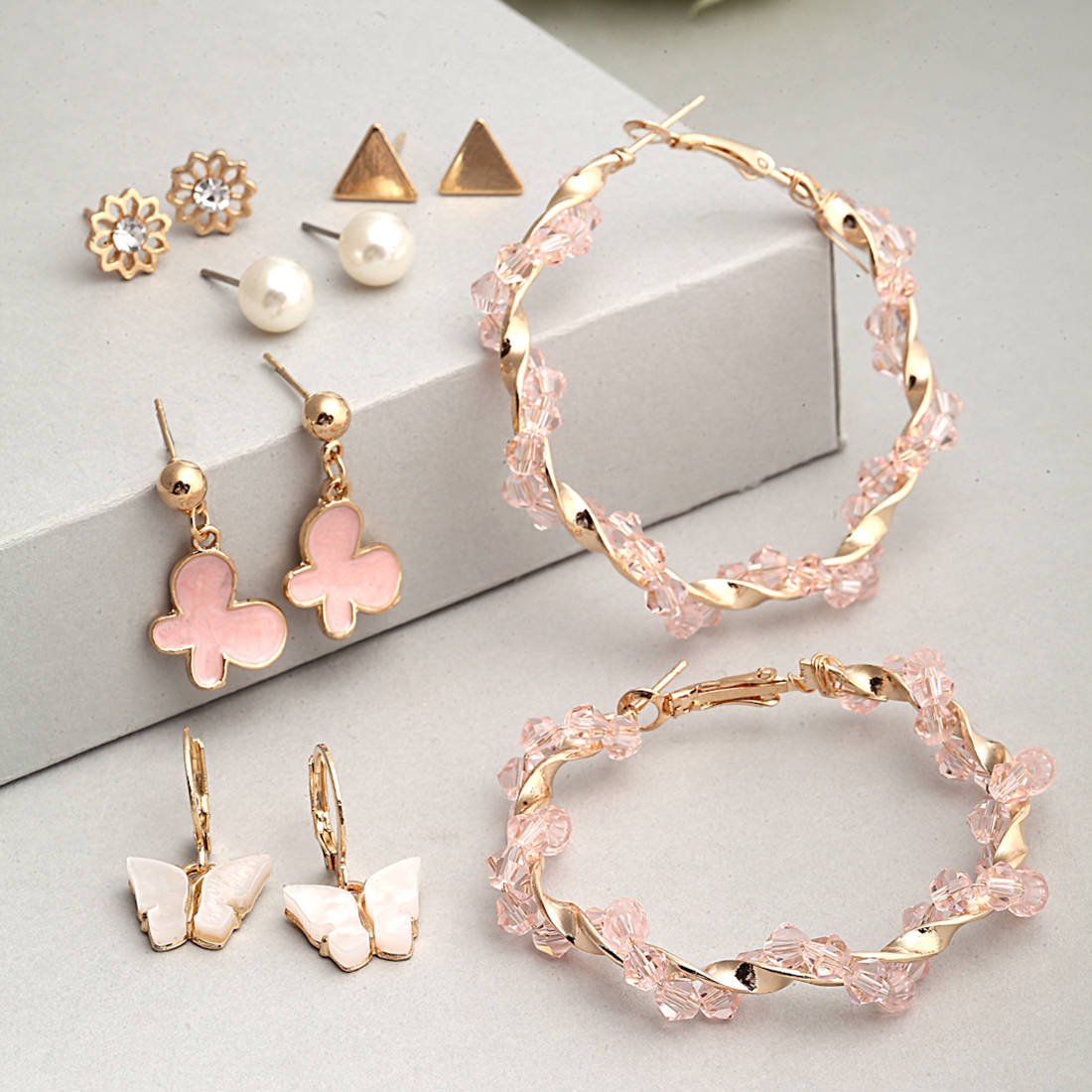 Anaqa Pink Crystal Earrings Set of 6 - Ferosh