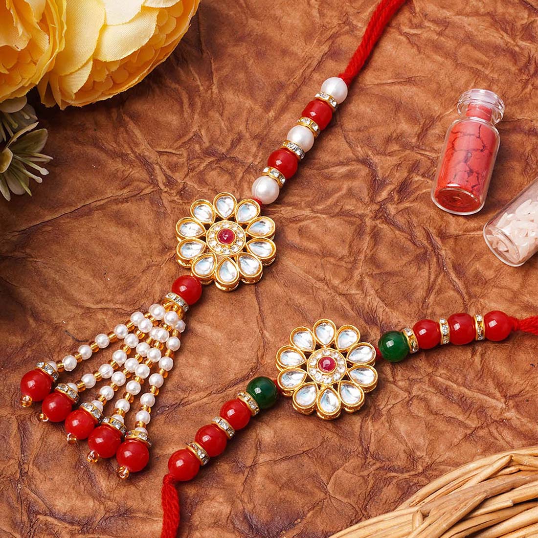 Beaded Floral Kundan Rakhi for Bhaya & Bhabi