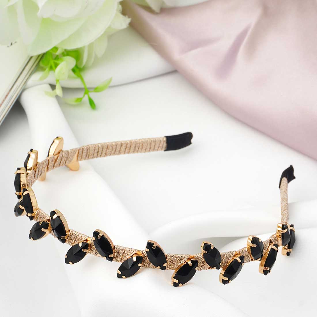 Black Crystal Leaf Gold Hairband