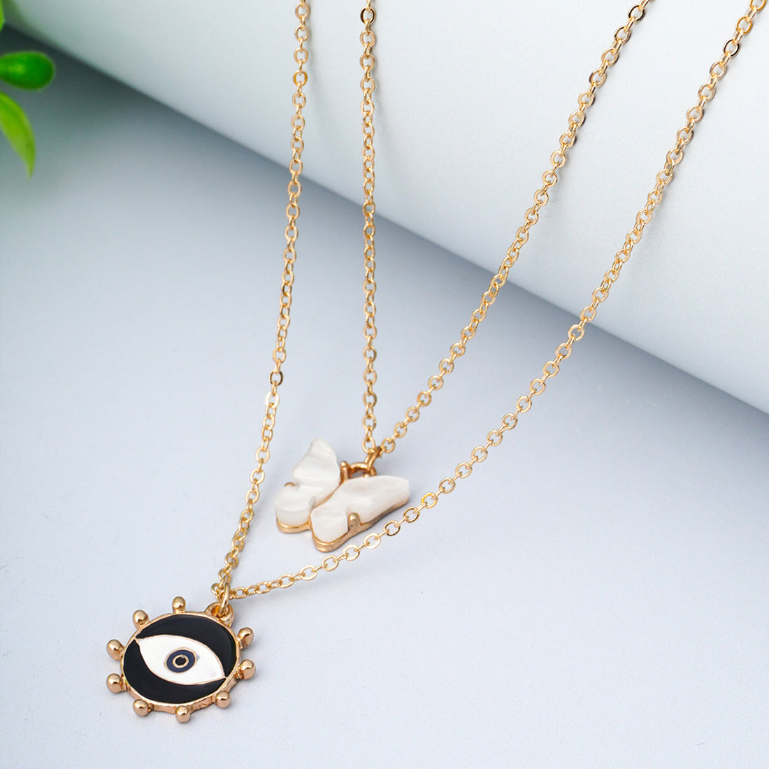 Black Evil Eye and White Butterfly Layered Necklace