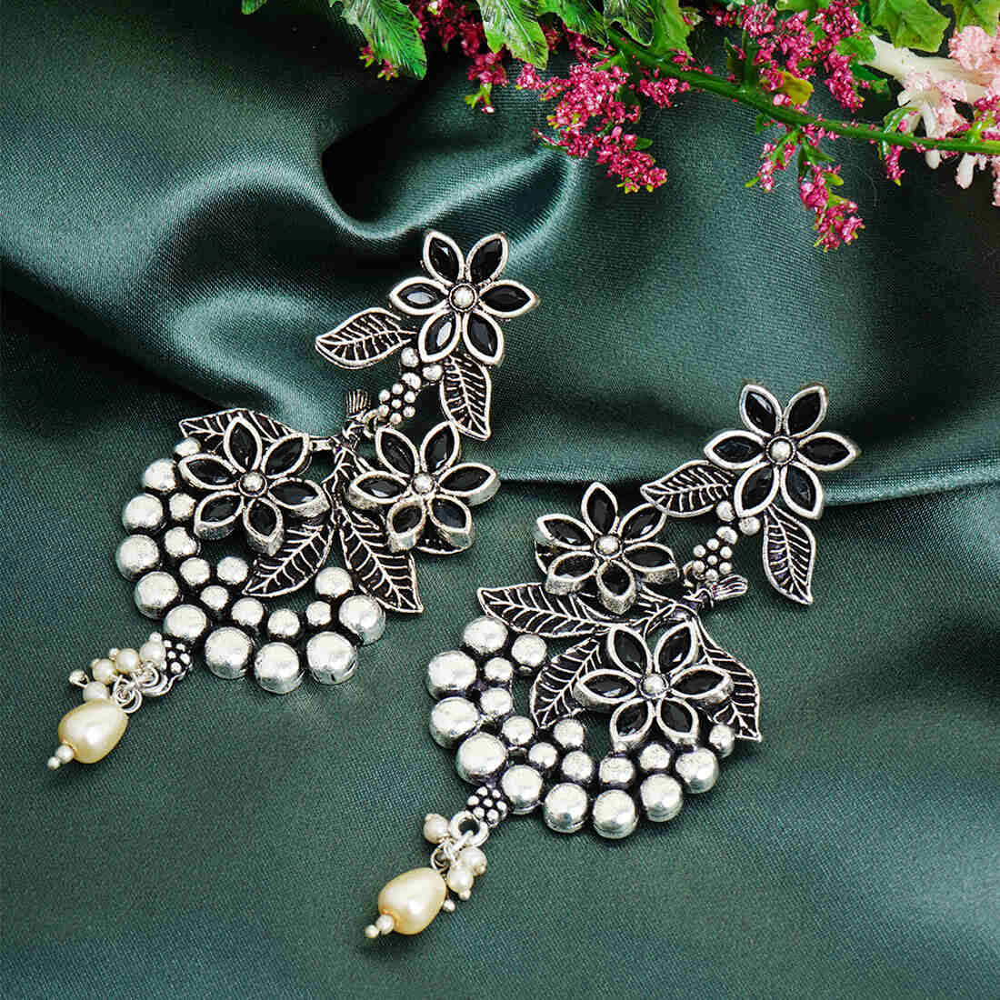 Black Stone Floral Earrings