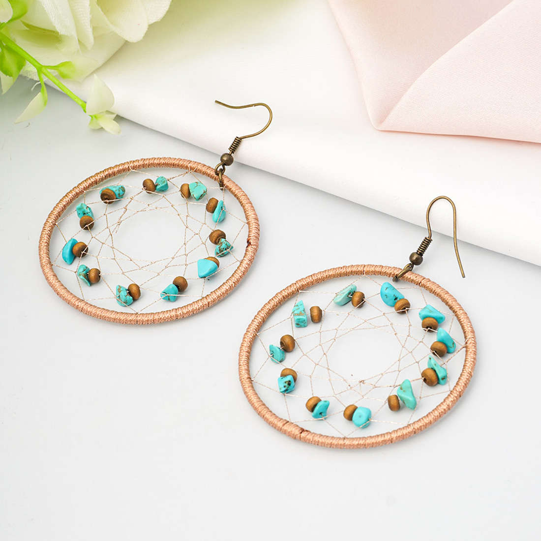 Blue & Brown Stone Thread Weave Earrings
