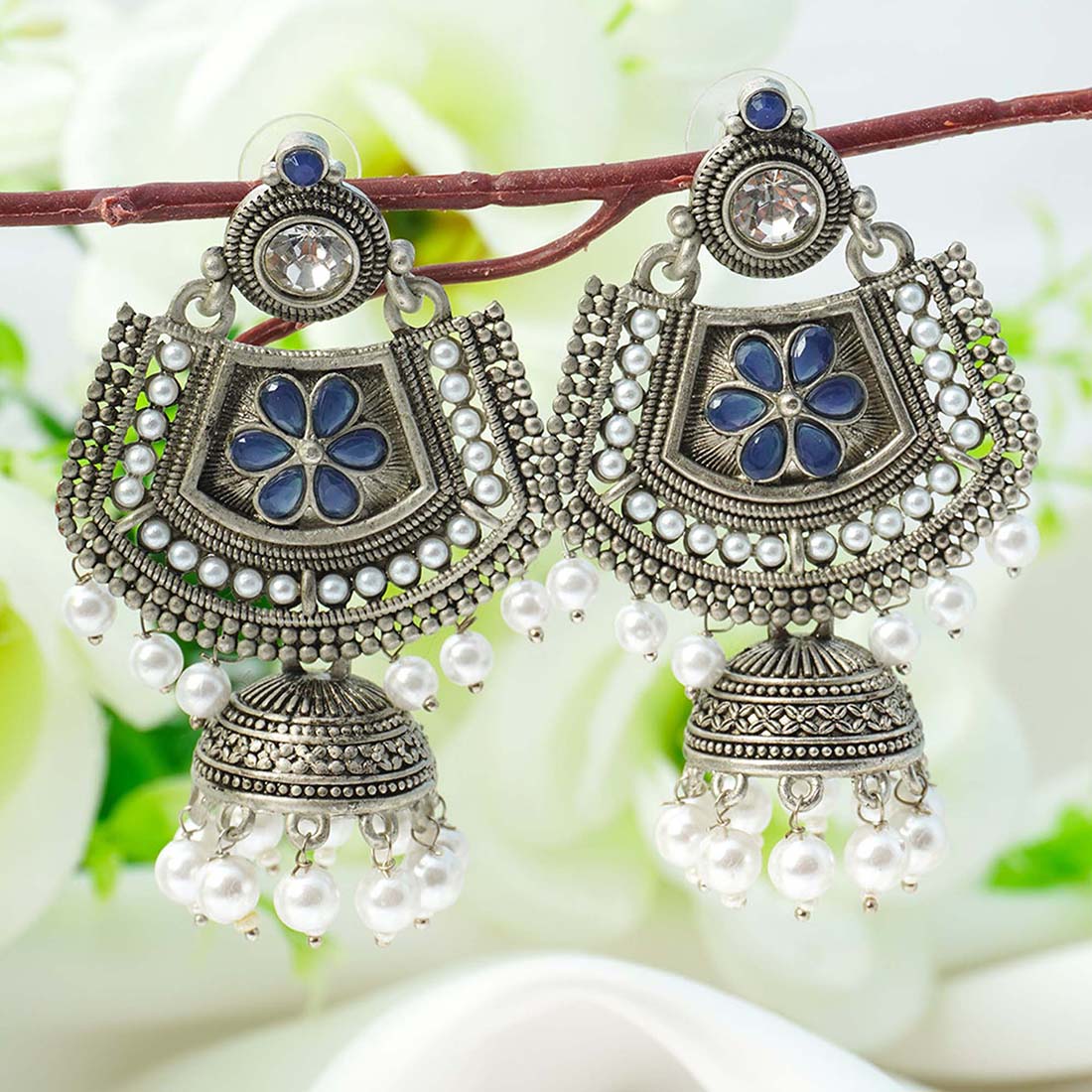 Blue Crystal Pearl Silver Ethnic Earrings