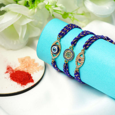 Blue Green Crystal Evil Eye Rakhi Set of 3