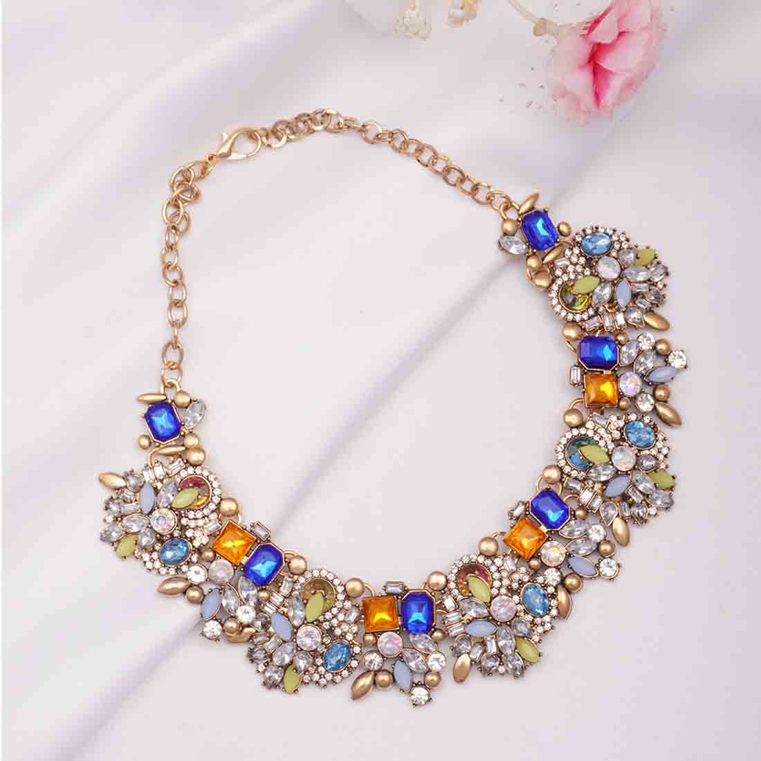 Blue-Orange Stone Statement Necklace