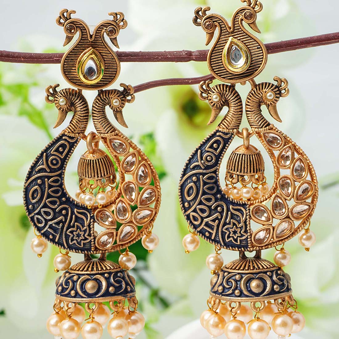Blue Peacock Oxidized Gold Earrings