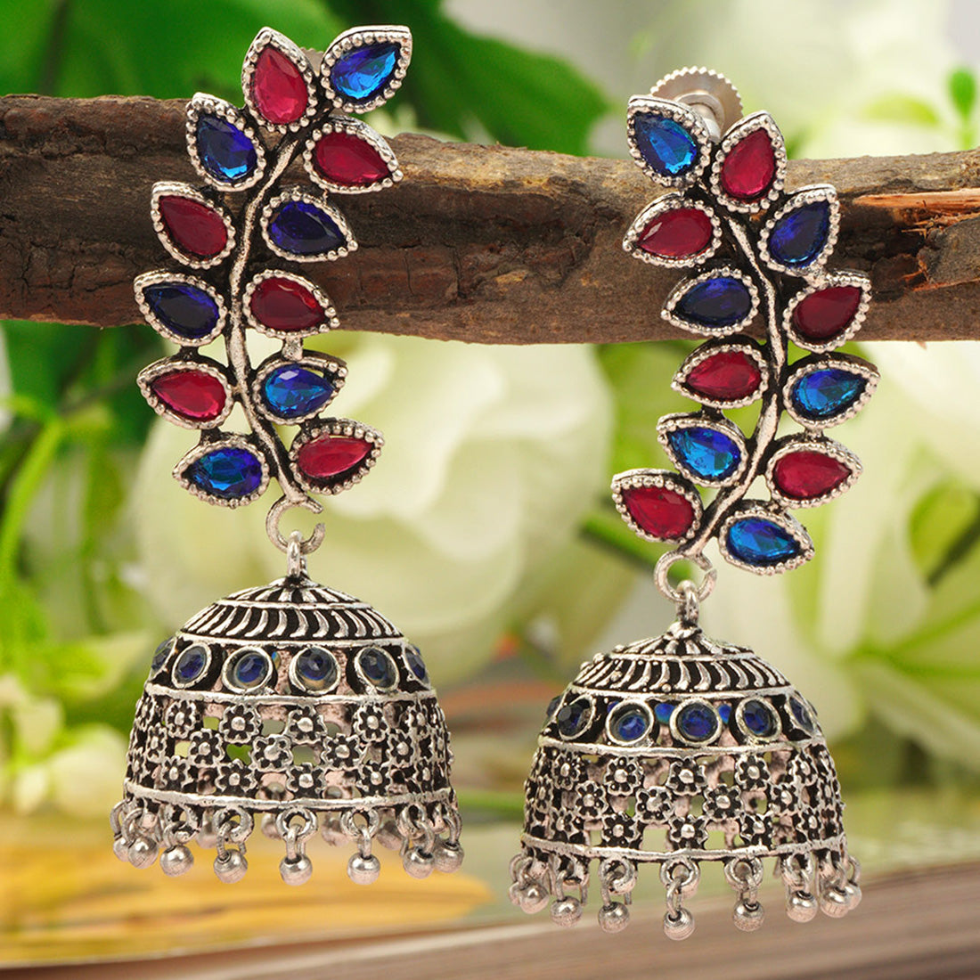 Blue & Red Leafy Jhumka Earrings
