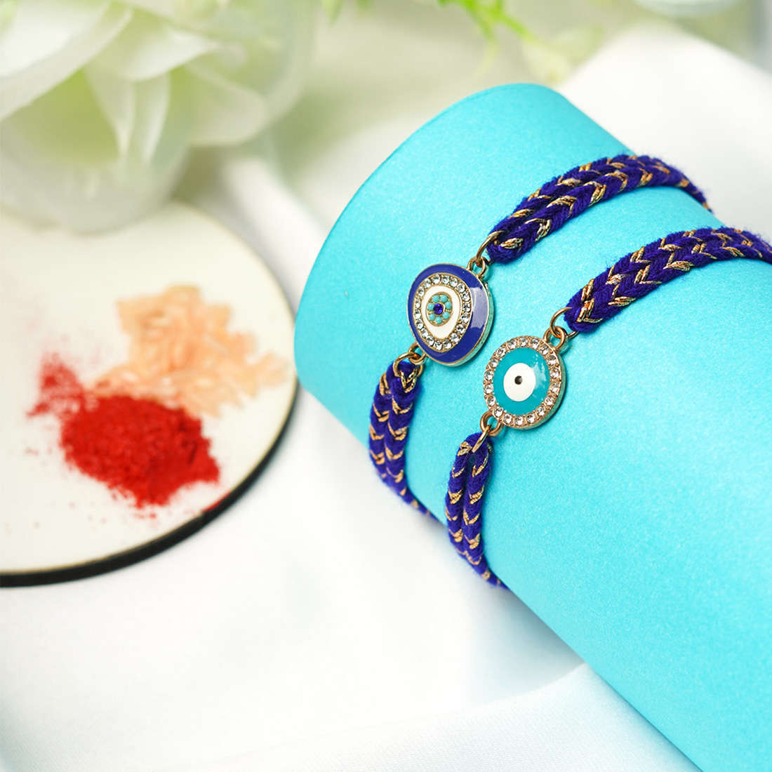 Blue Round Evil Eye Rakhi Set of 2
