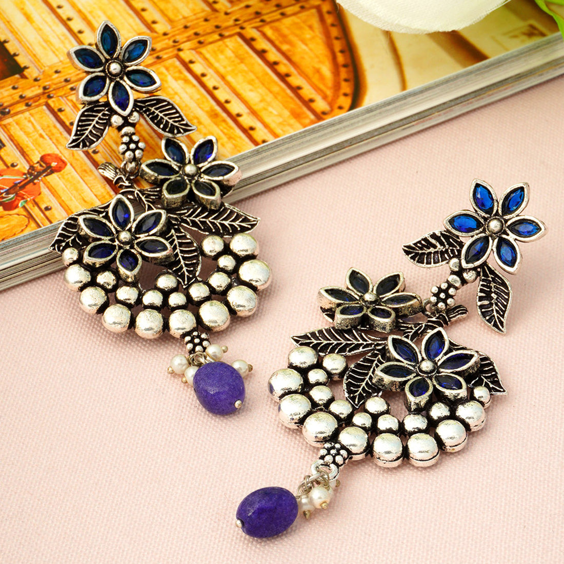Blue Stone Floral Earrings
