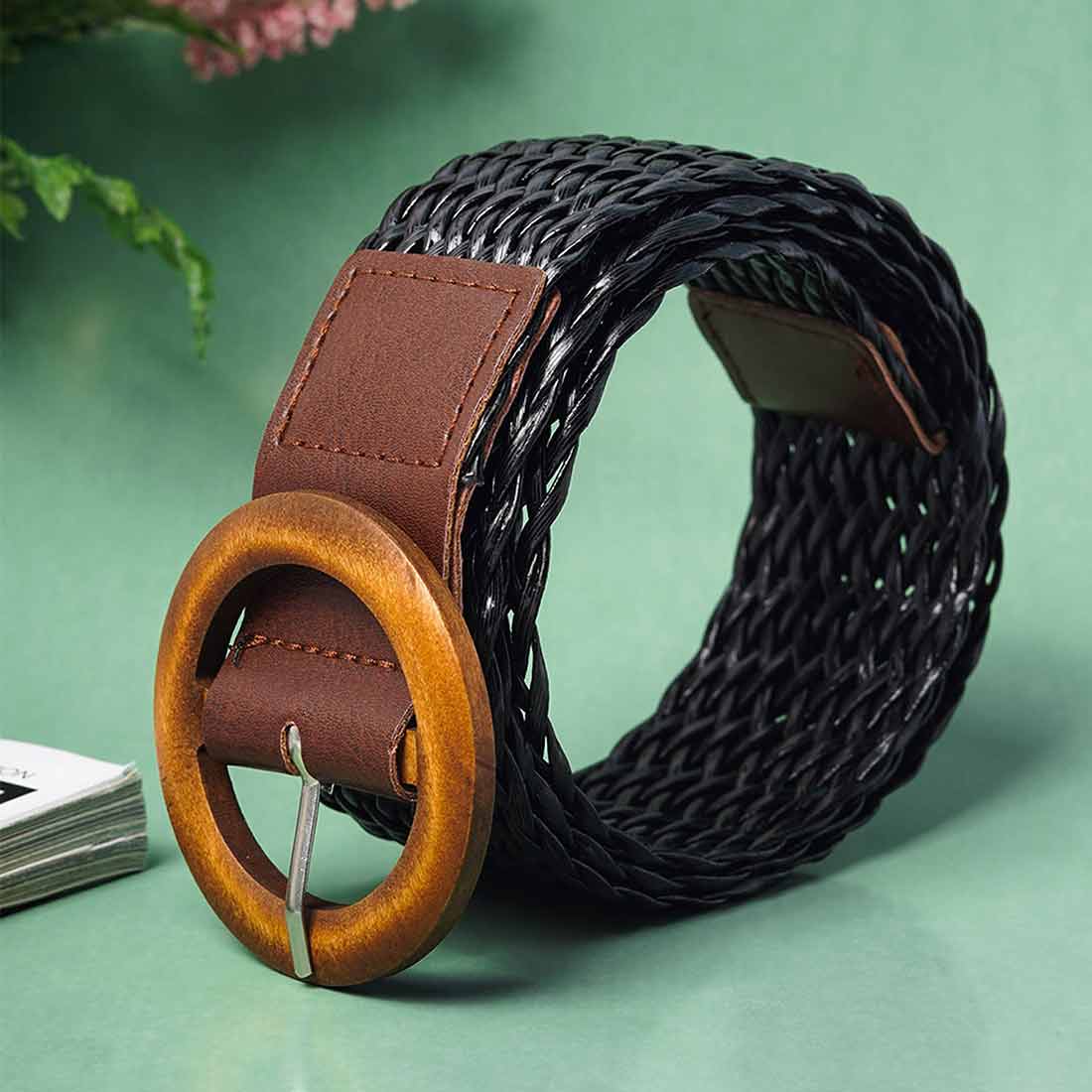Brown Buckled Black Mesh Belt

