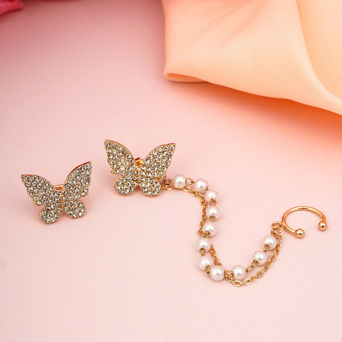 Butterfly Studs Pearl Chain Ear Cuff