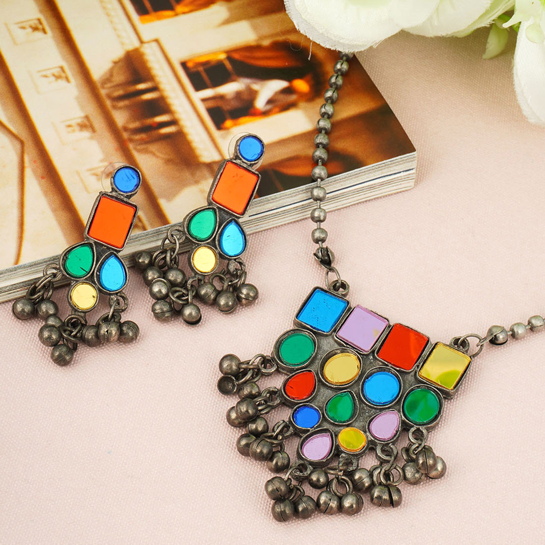 Colored Crystal Long Necklace Set
