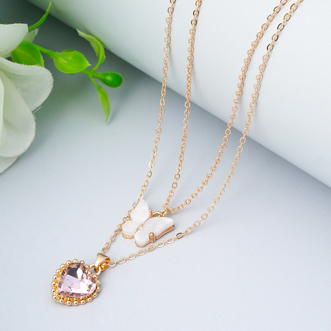 Crystal Heart and Butterfly Layered Necklace