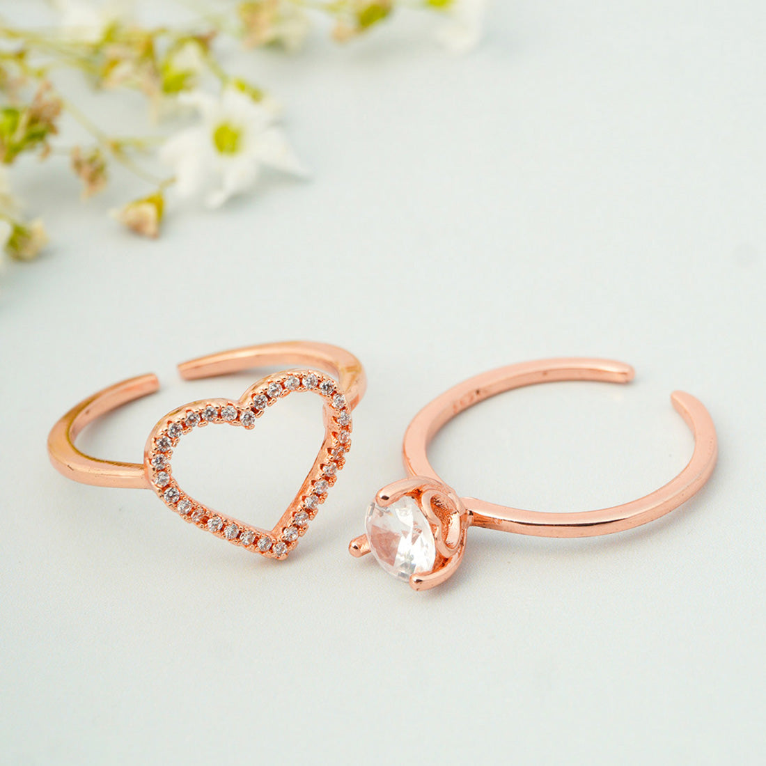 Crystal Heart Rose Gold Ring Set of 2