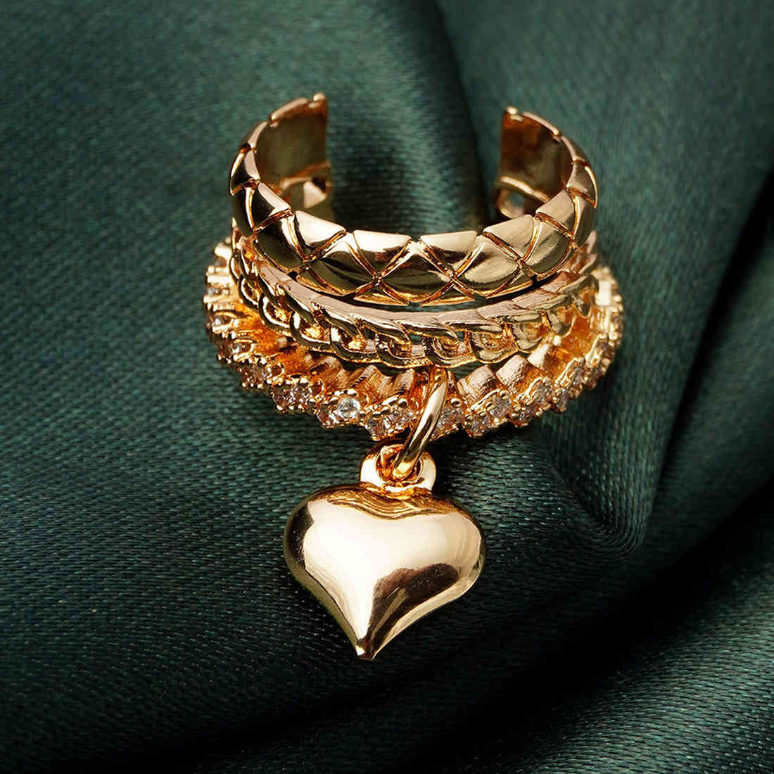 Crystal Lined Three Layered Heart Ear Cuff