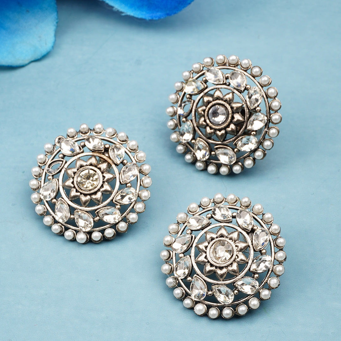 Crystal Oxidized Ring Stud Earring Set
