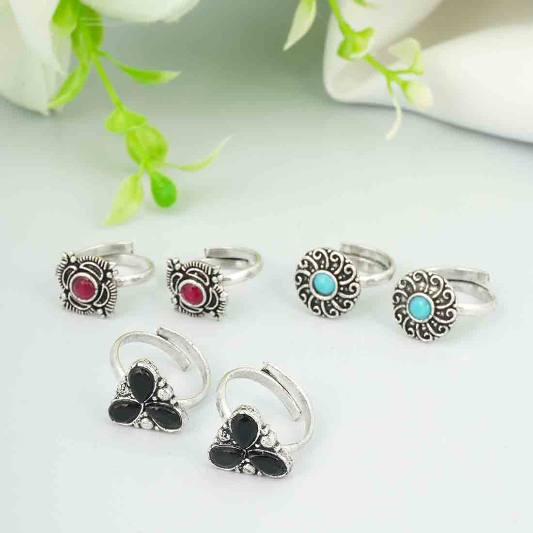 Crystal Oxidized Toe Ring Set
