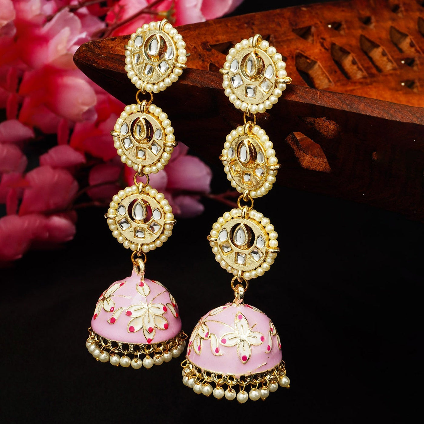 Crystal Pearl Ring Pink Jhumkis