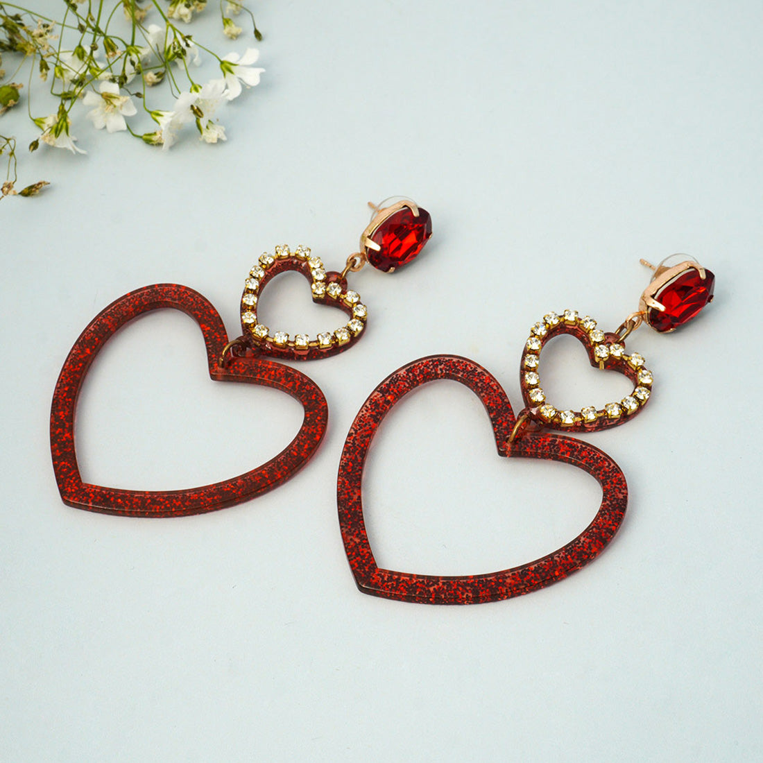 Crystal Studded Red Hearts Dangling Earrings